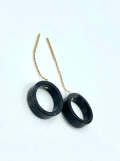 Black Jade Threader Earrings with 18K